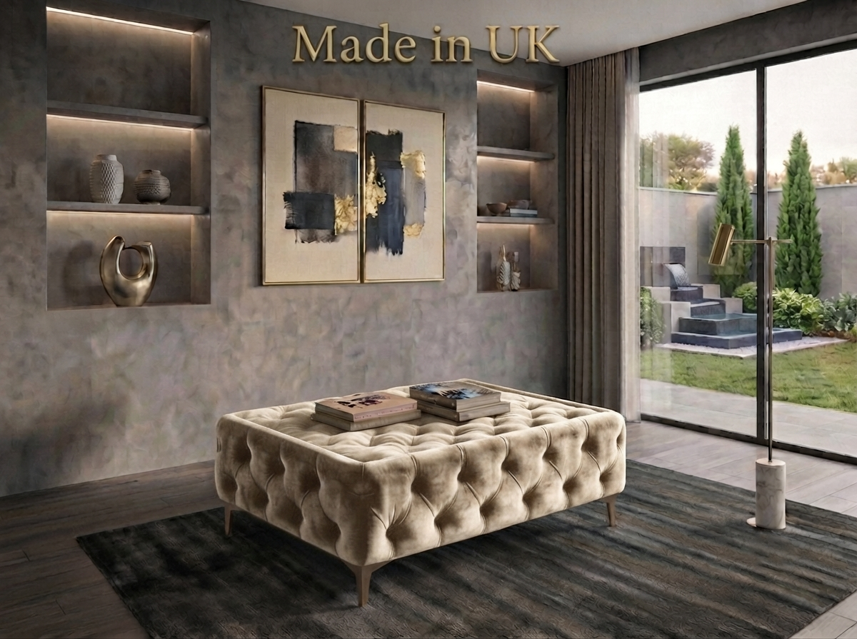 Chesterfield Plush Velvet Coffee Table Glass Top Ottoman Pouffe Bench Furniture